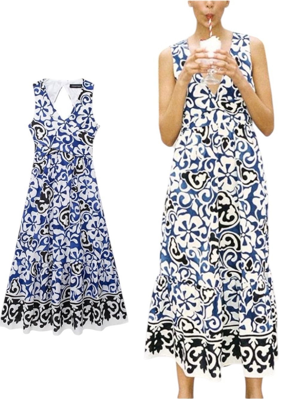Zara Blue, White & Black V-Neck Floral Scroll Maxi Dress